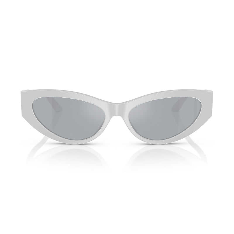 Versace Cat Eye Full Rim, with a Pearl Grey frame and Blue Mirror Silver lens.