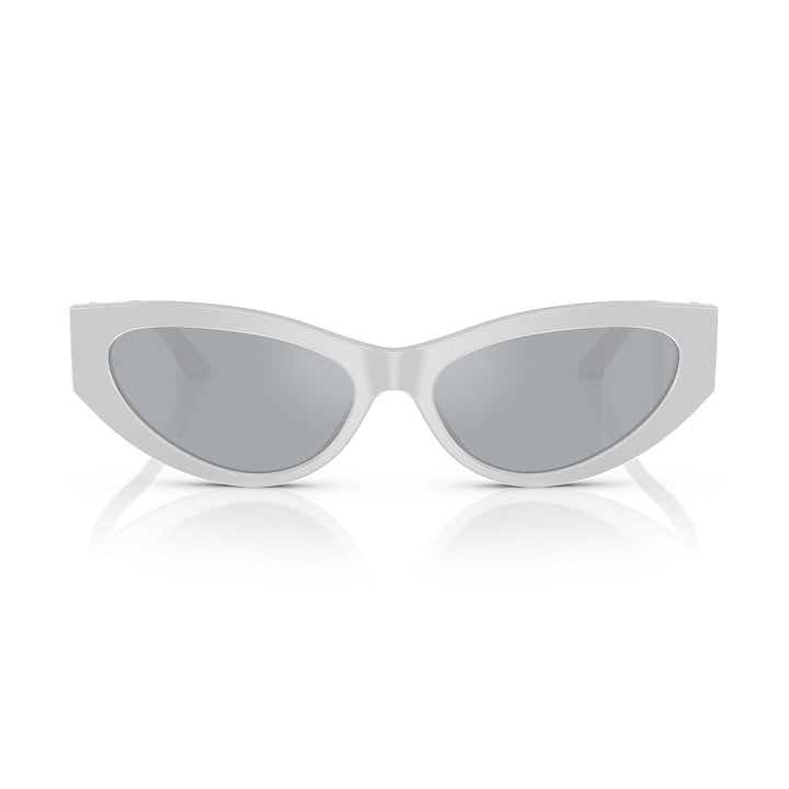Versace Cat Eye Full Rim, with a Pearl Grey frame and Blue Mirror Silver lens.