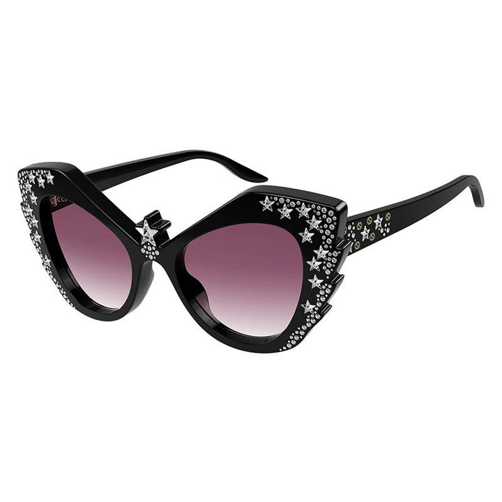 Gucci Cat Eye Full Rim, with a Black with White Stones frame and Red Gradient lens.