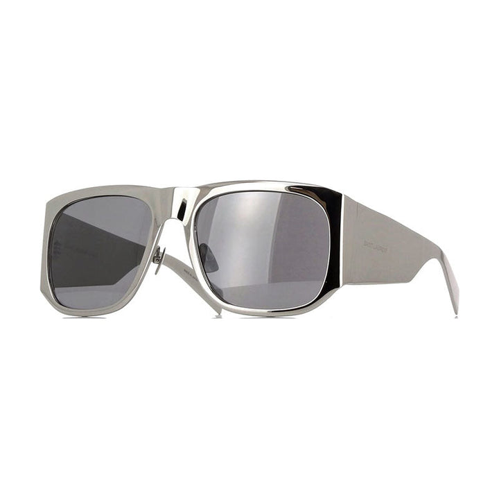 Saint Laurent Sunglasses Square Full Rim, Shiny Silver Frame and Grey Silver Mirror Lens SL636002