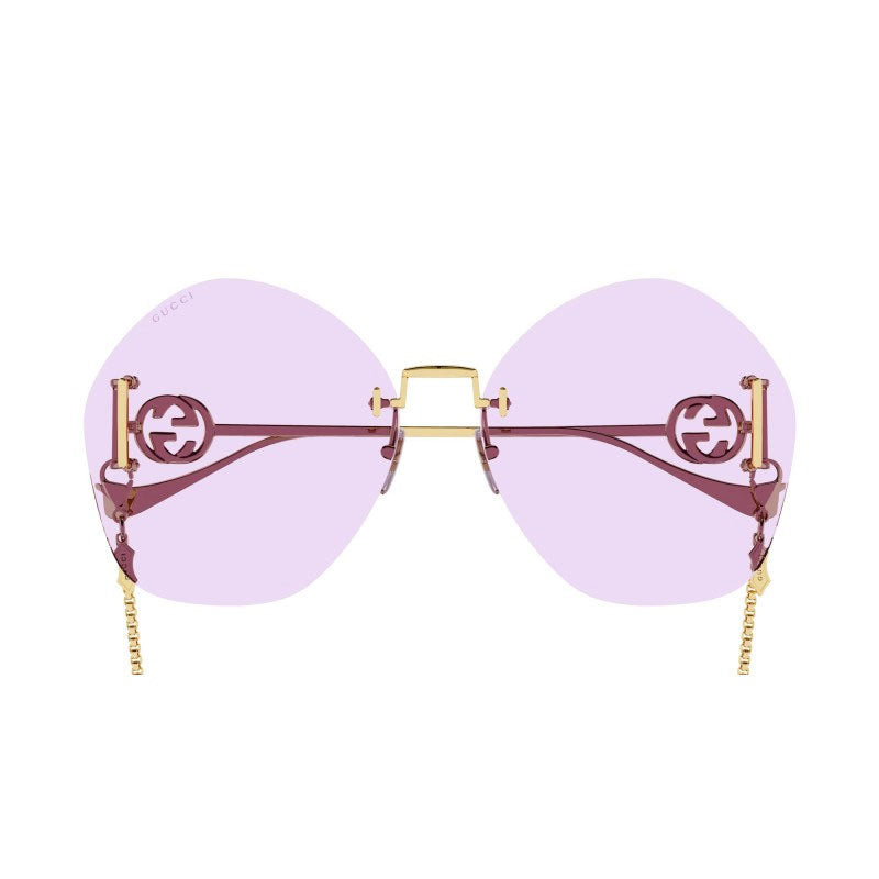 Gucci Geometric Rimless, with a Gold With Detachable Gold Chain frame and Violet lens.