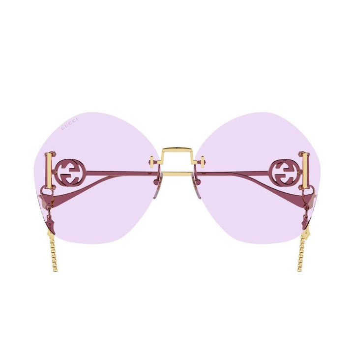 Gucci Geometric Rimless, with a Gold With Detachable Gold Chain frame and Violet lens.