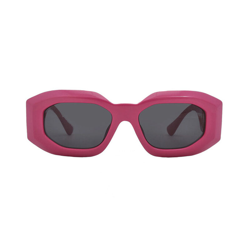 Versace Oval Full Rim, with a Fuchsia frame and Dark Grey lens.