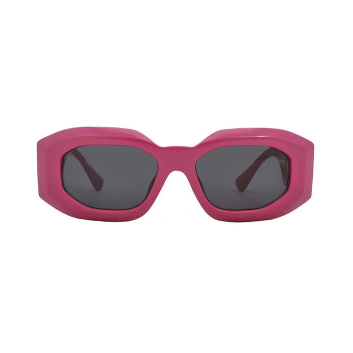 Versace Oval Full Rim, with a Fuchsia frame and Dark Grey lens.