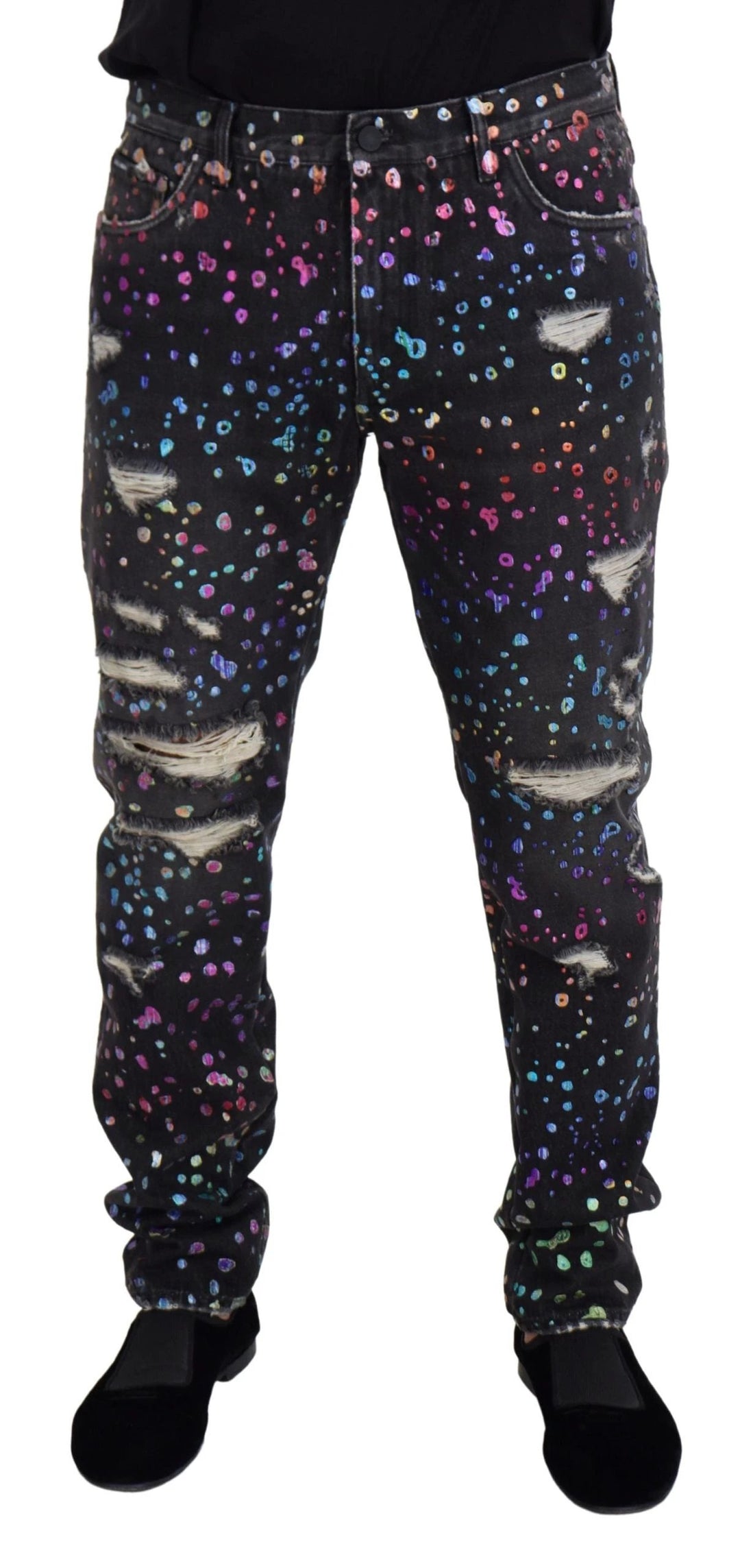 Dolce &amp; Gabbana Sample Sale Dolce &amp; Gabbana Black Multicolor Print Tattered Denim Jeans - | Designer outlet