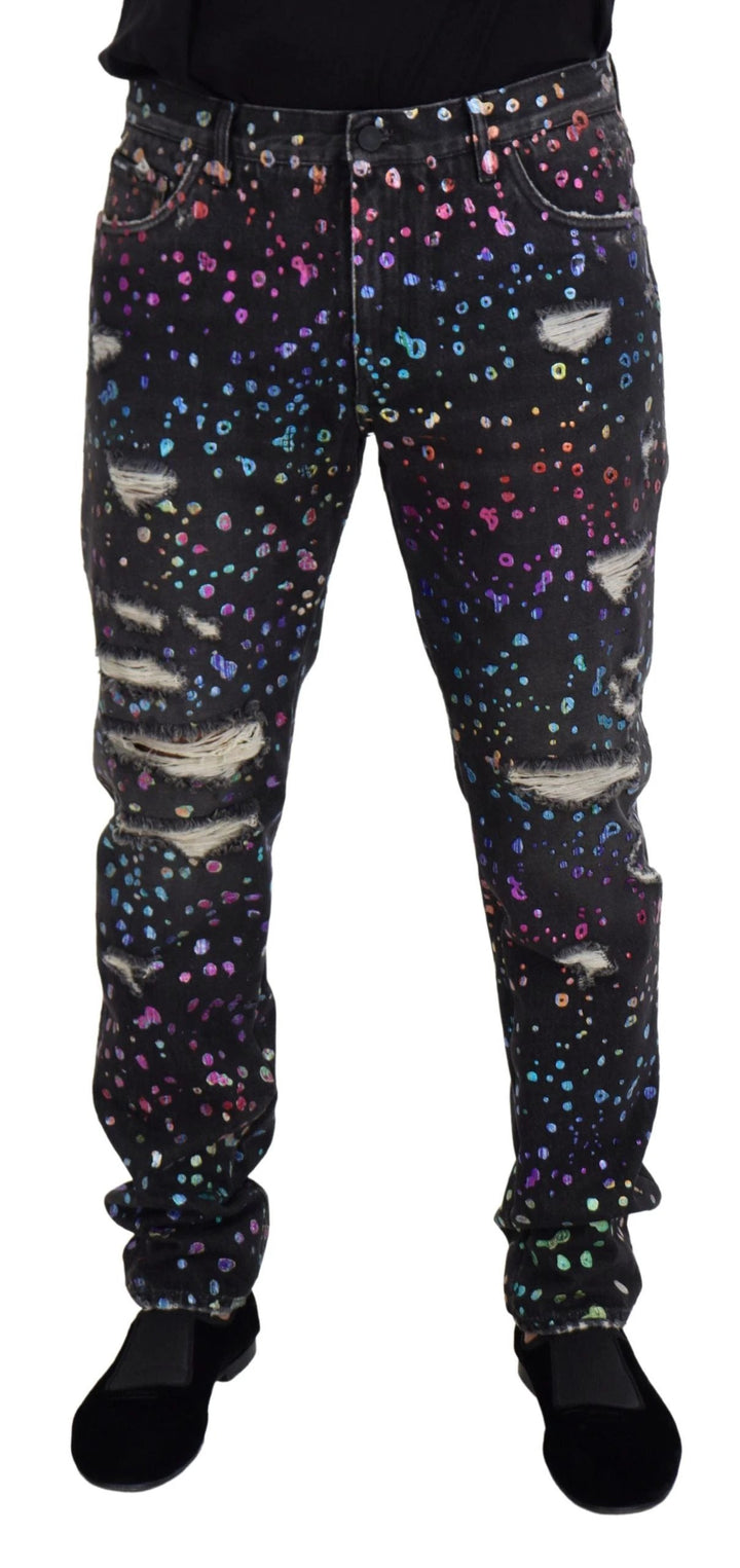 Dolce &amp; Gabbana Sample Sale Dolce &amp; Gabbana Black Multicolor Print Tattered Denim Jeans - | Designer outlet