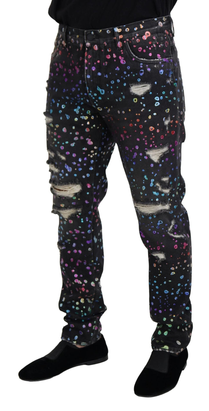 Dolce &amp; Gabbana Sample Sale Dolce &amp; Gabbana Black Multicolor Print Tattered Denim Jeans - | Designer outlet