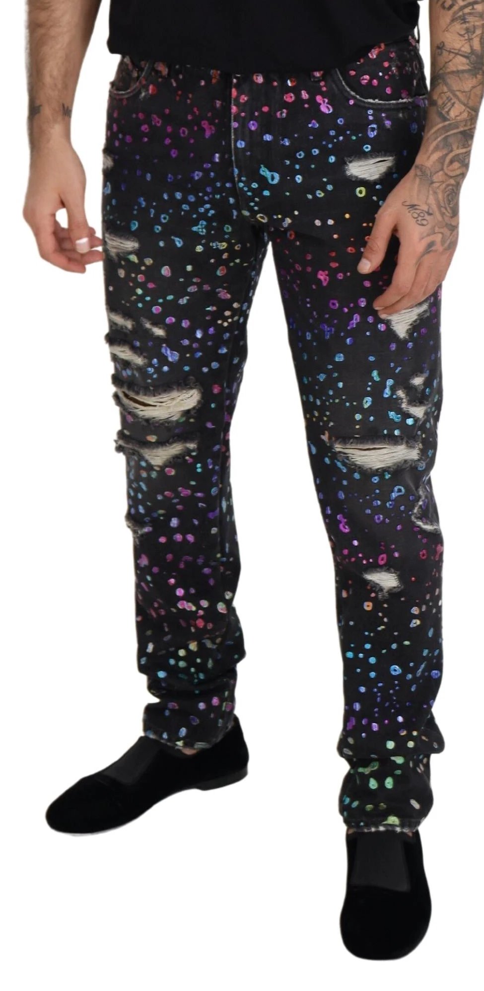 Dolce &amp; Gabbana Sample Sale Dolce &amp; Gabbana Black Multicolor Print Tattered Denim Jeans - | Designer outlet