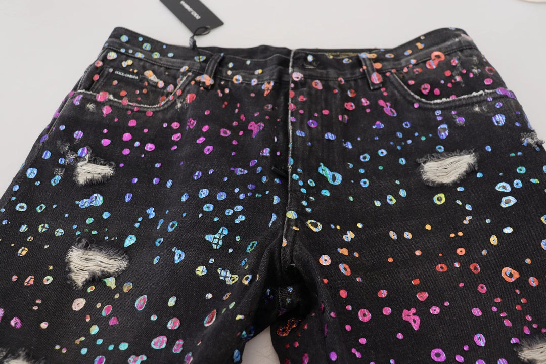Dolce &amp; Gabbana Sample Sale Dolce &amp; Gabbana Black Multicolor Print Tattered Denim Jeans - | Designer outlet