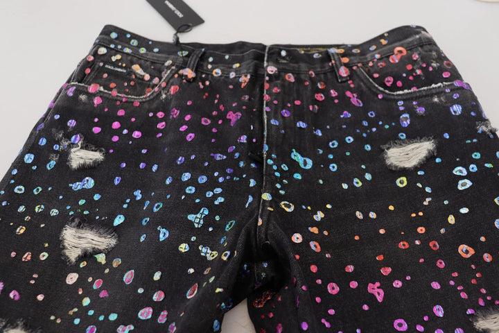 Dolce &amp; Gabbana Sample Sale Dolce &amp; Gabbana Black Multicolor Print Tattered Denim Jeans - | Designer outlet