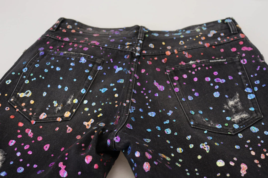 Dolce &amp; Gabbana Sample Sale Dolce &amp; Gabbana Black Multicolor Print Tattered Denim Jeans - | Designer outlet