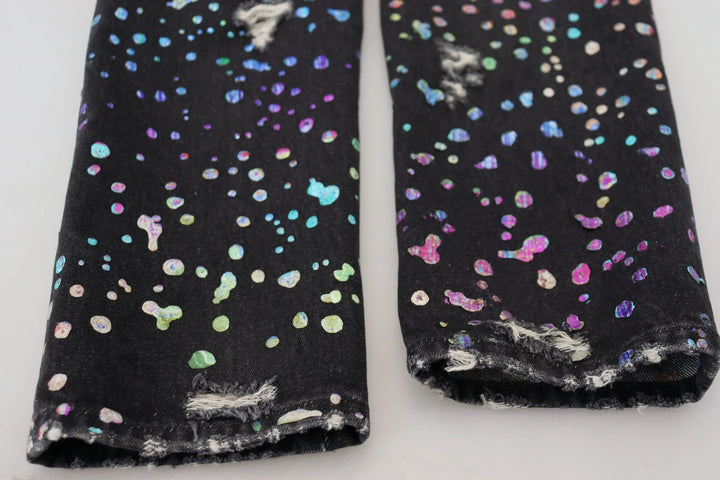Dolce &amp; Gabbana Black Multicolor Print Tattered Denim Jeans by Dolce &amp; Gabbana outlet now on sale