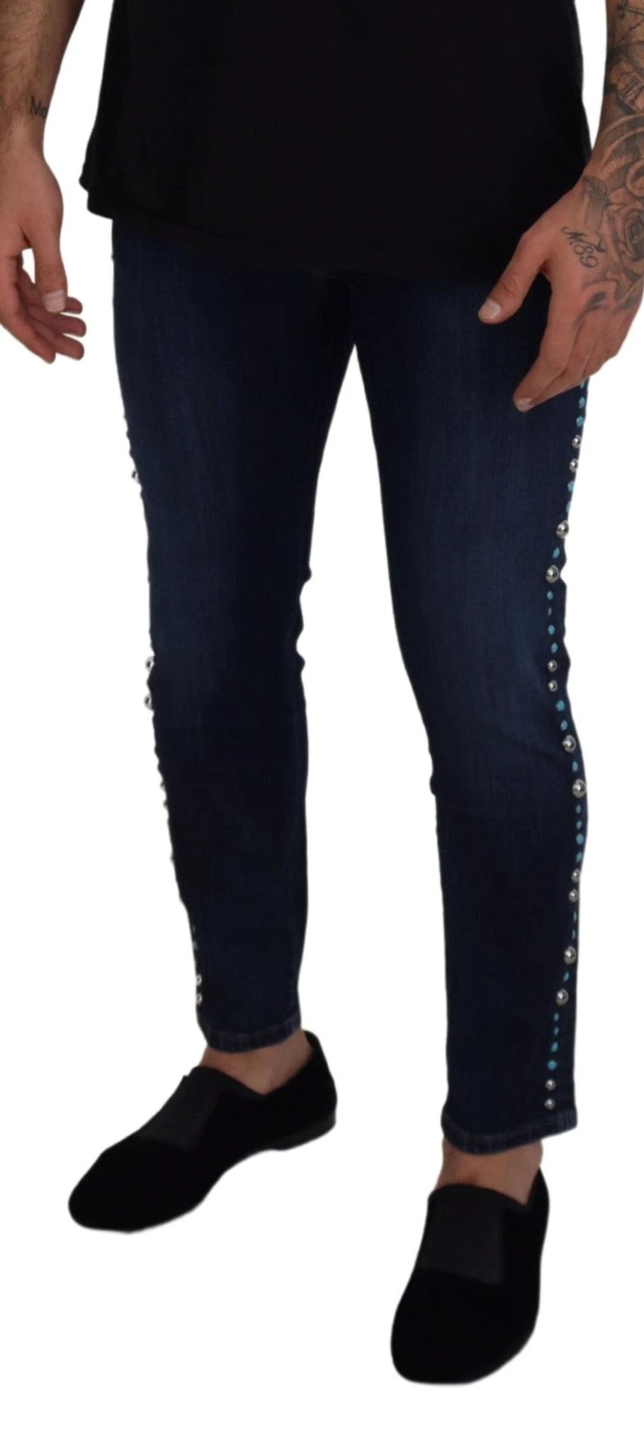 Dolce &amp; Gabbana Blue Cotton Studded Low Waist Denim Jeans by Dolce &amp; Gabbana outlet now on sale