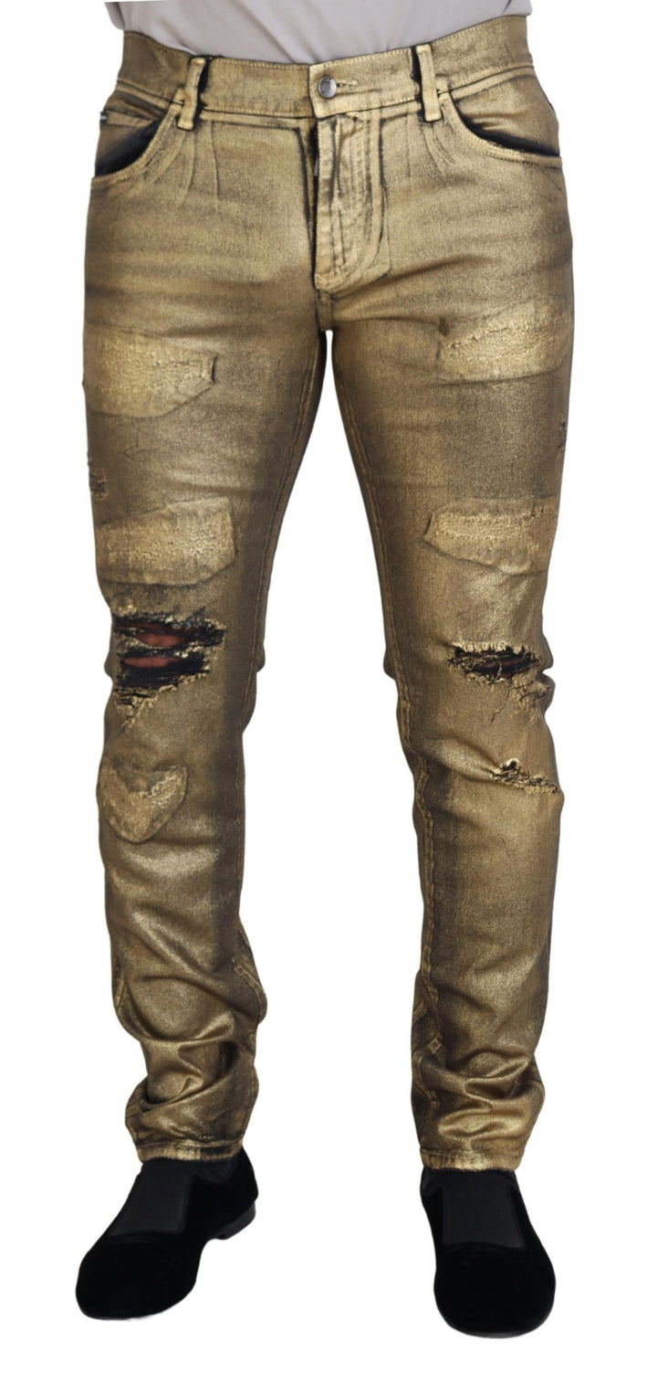 Dolce &amp; Gabbana Sample Sale Dolce &amp; Gabbana Gold Cotton Tattered Skinny Men Denim Jeans - | Designer outlet