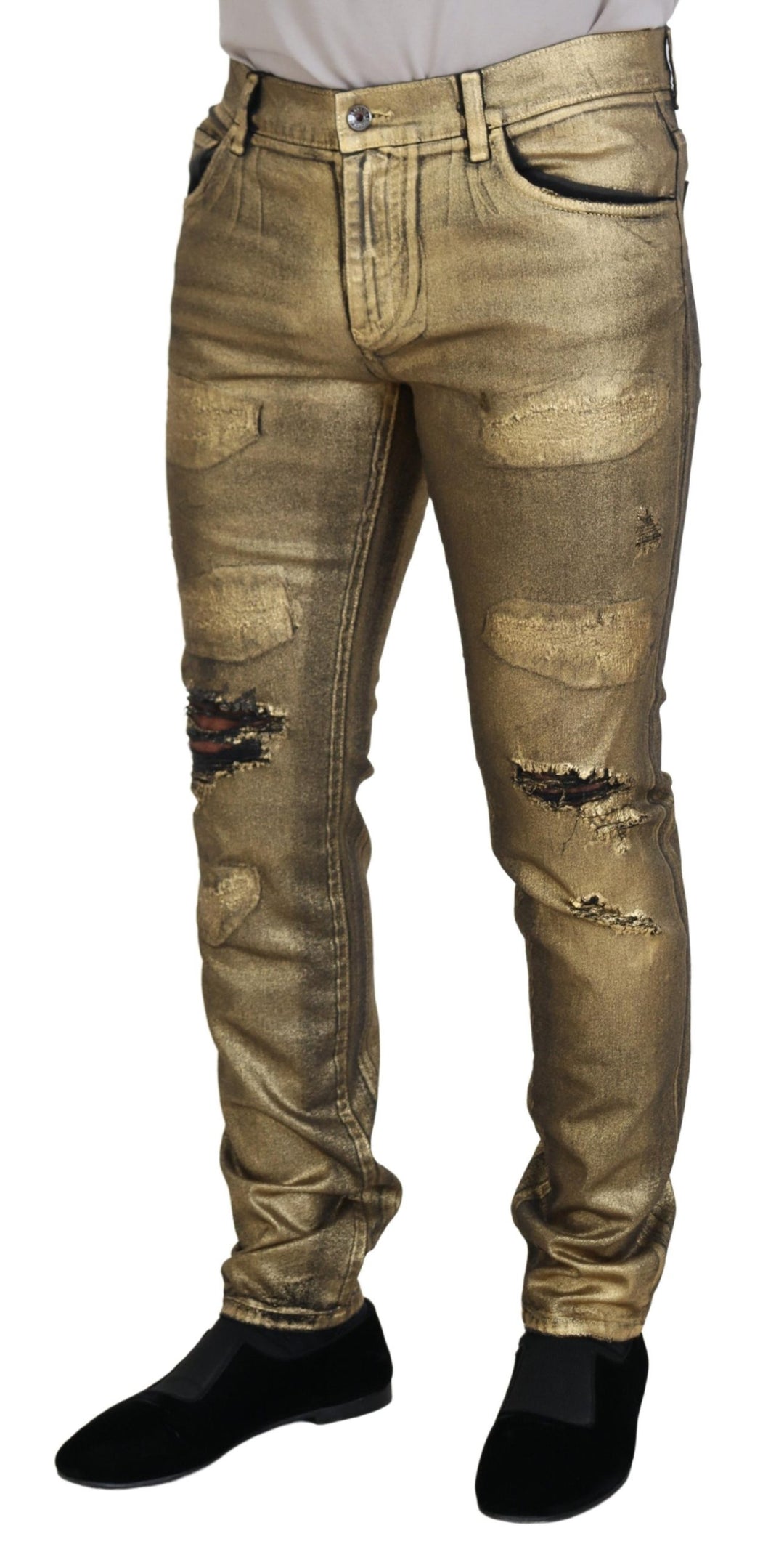Dolce &amp; Gabbana Sample Sale Dolce &amp; Gabbana Gold Cotton Tattered Skinny Men Denim Jeans - | Designer outlet
