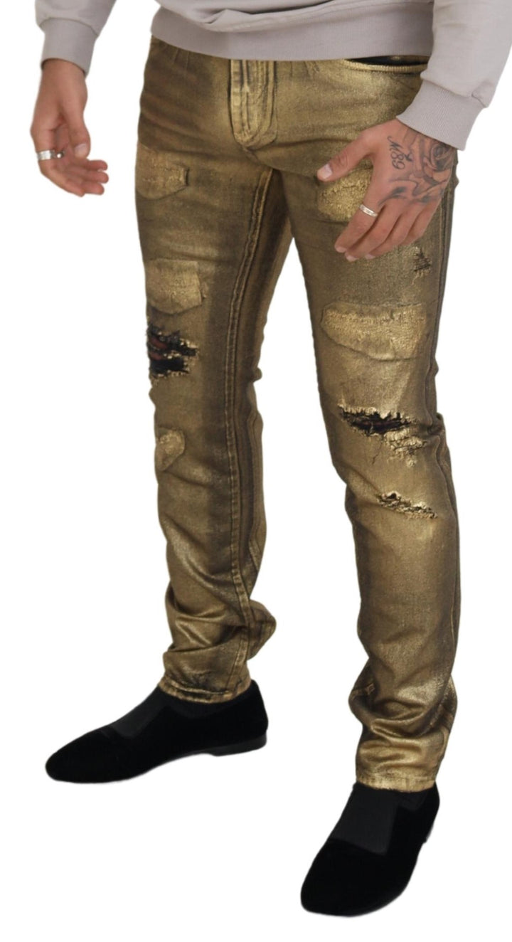 Dolce &amp; Gabbana Sample Sale Dolce &amp; Gabbana Gold Cotton Tattered Skinny Men Denim Jeans - | Designer outlet