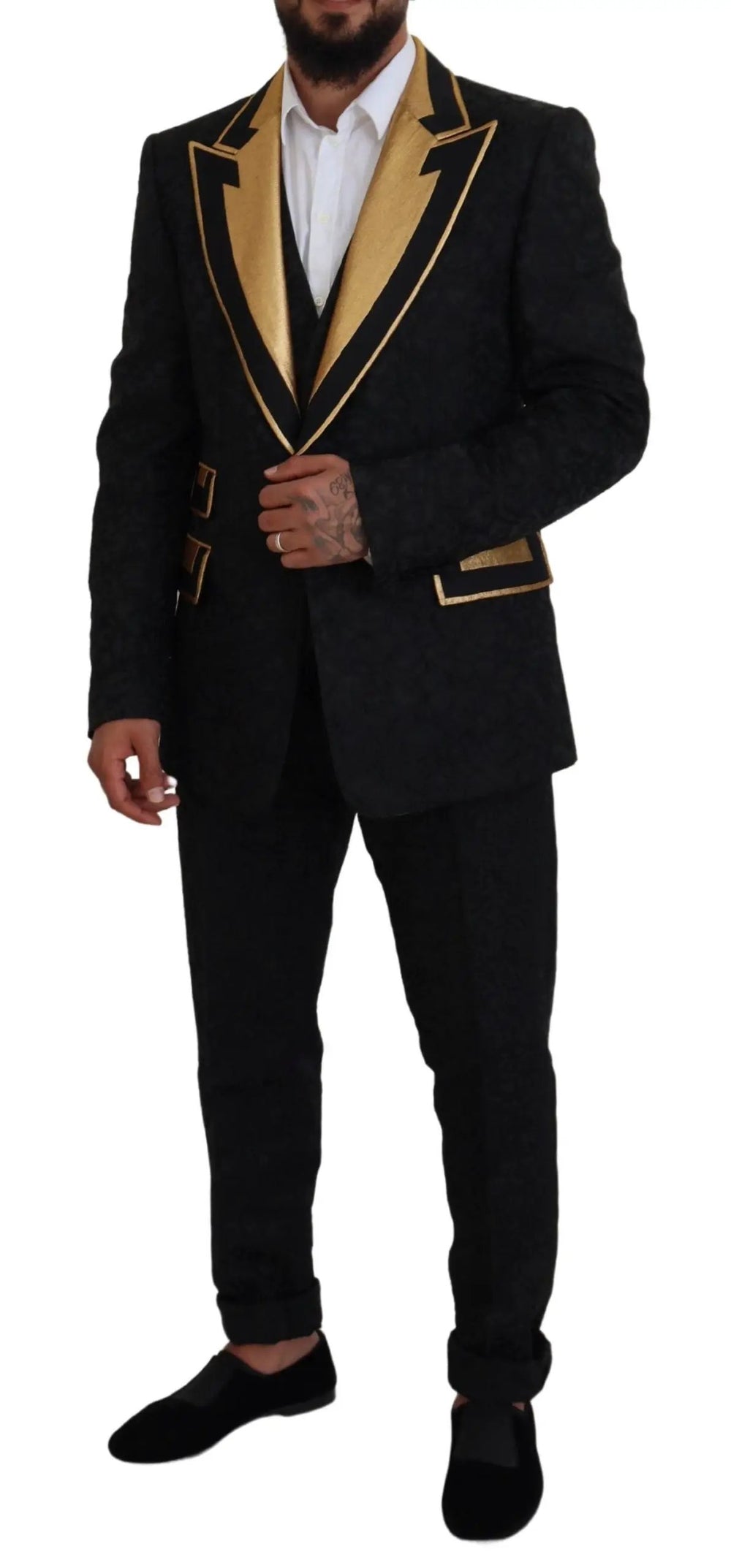 Dolce & Gabbana Sample Sale | Dolce & Gabbana Black Gold Fantasy Tuxedo Slim Fit Suit - | Designer outlet