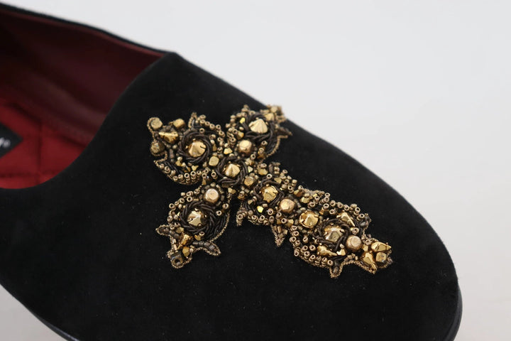 Dolce &amp; Gabbana Black Suede Gold Cross Slip On Loafers Shoes by Dolce &amp; Gabbana outlet now on sale