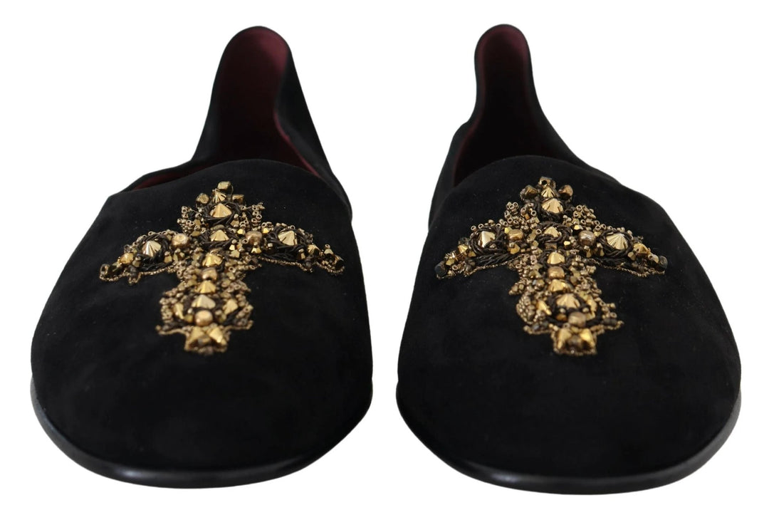 Dolce &amp; Gabbana Black Suede Gold Cross Slip On Loafers Shoes by Dolce &amp; Gabbana outlet now on sale