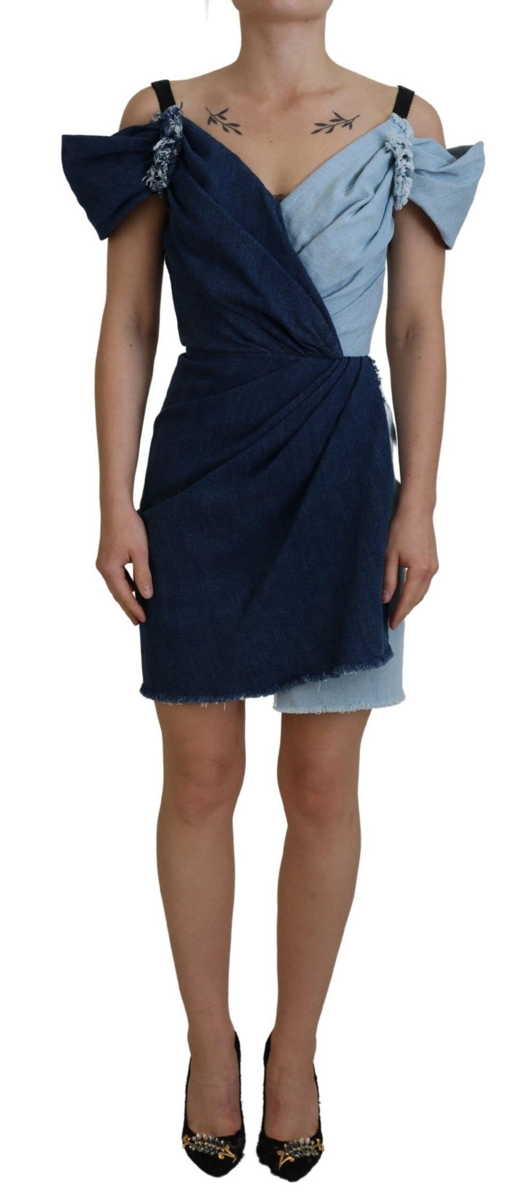 patchwork denim mini dress Dolce & Gabbana Blue Nylon Patchwork Denim Sheath Mini Dress