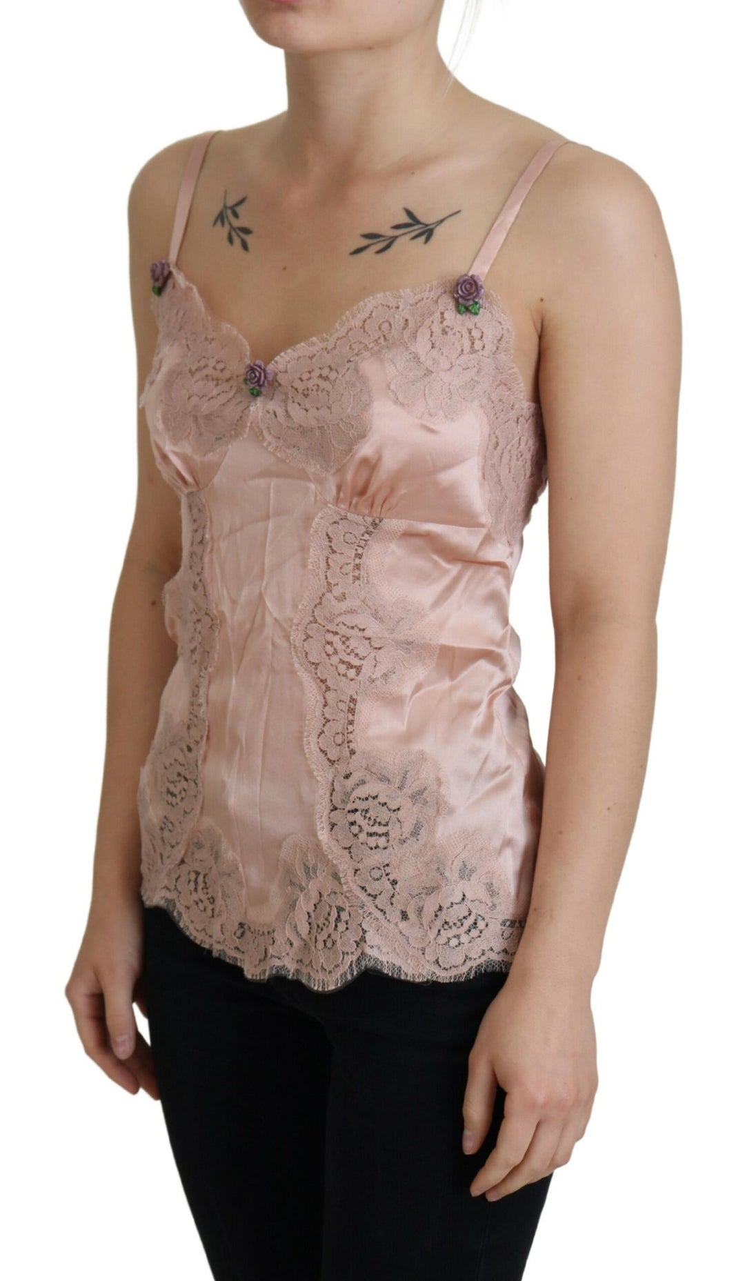 Dolce &amp; Gabbana Pink Satin Lace Roses Tank Top Lingerie by Dolce &amp; Gabbana outlet now on sale