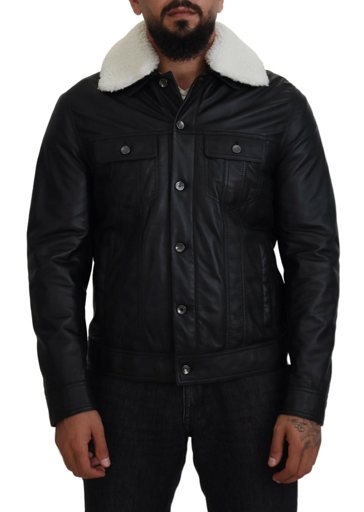 Dolce & Gabbana - Dolce & Gabbana Elegant Black Leather Bomber Jacket - JKT3597 - 48 - Ask Me Wear