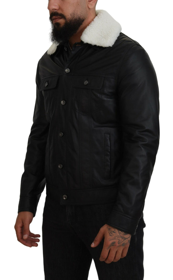 Dolce & Gabbana - Dolce & Gabbana Elegant Black Leather Bomber Jacket - JKT3597 - 48 - Ask Me Wear