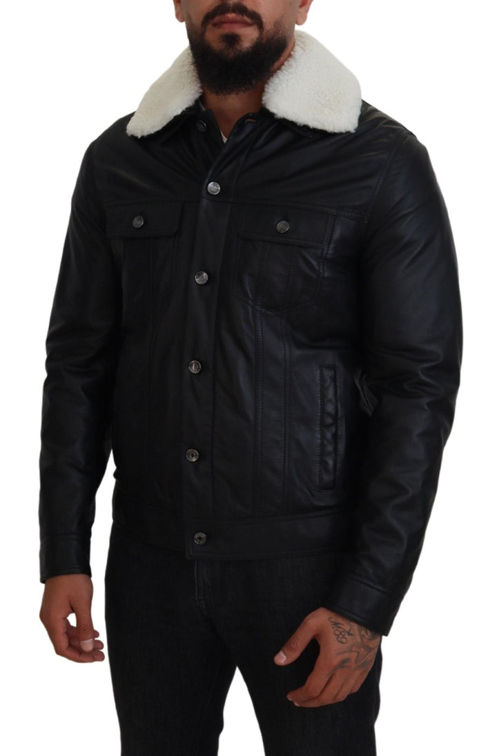 Dolce & Gabbana - Dolce & Gabbana Elegant Black Leather Bomber Jacket - JKT3597 - 48 - Ask Me Wear