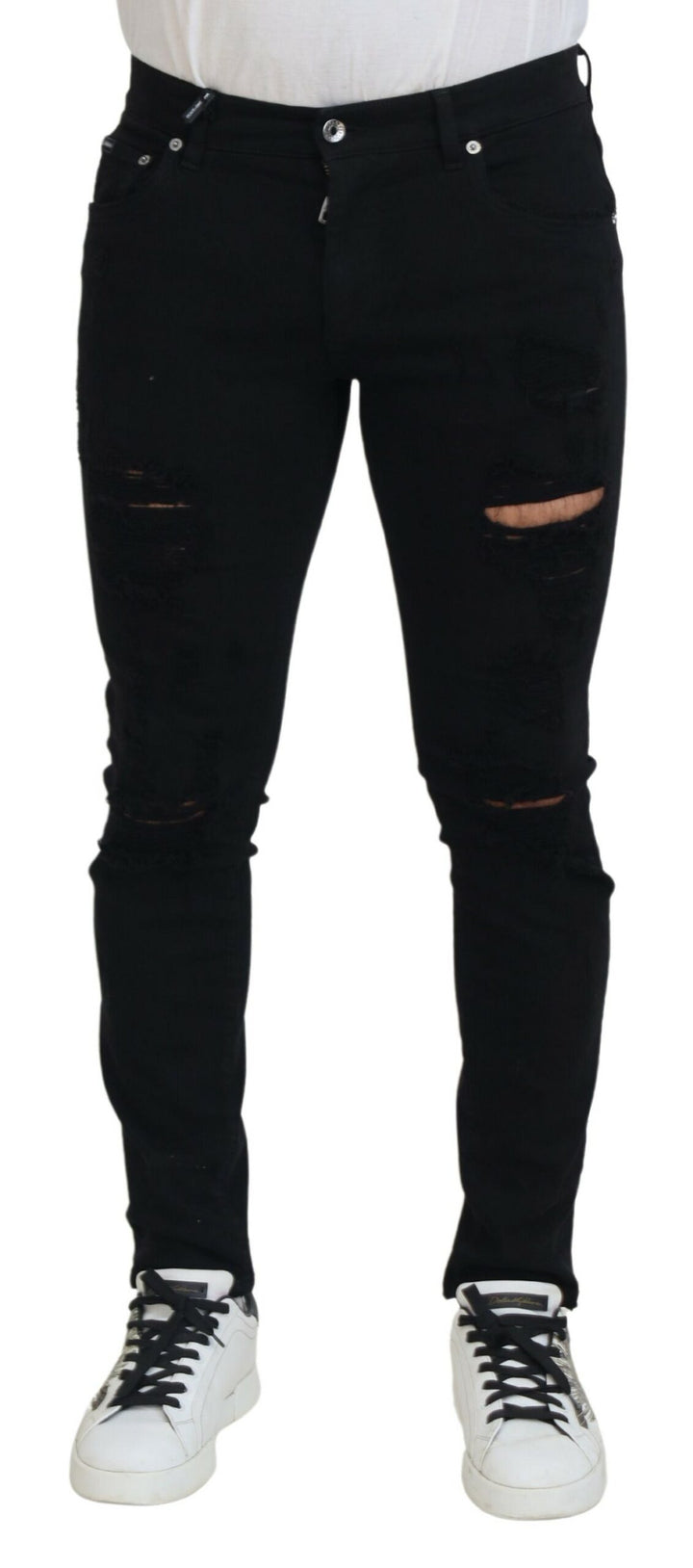 Dolce &amp; Gabbana Sample Sale Dolce &amp; Gabbana Black Slim Fit Tattered Denim Cotton Jeans - | Designer outlet