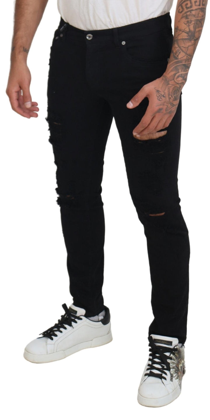 Dolce &amp; Gabbana Sample Sale Dolce &amp; Gabbana Black Slim Fit Tattered Denim Cotton Jeans - | Designer outlet