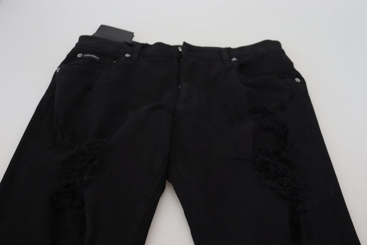Dolce &amp; Gabbana Sample Sale Dolce &amp; Gabbana Black Slim Fit Tattered Denim Cotton Jeans - | Designer outlet
