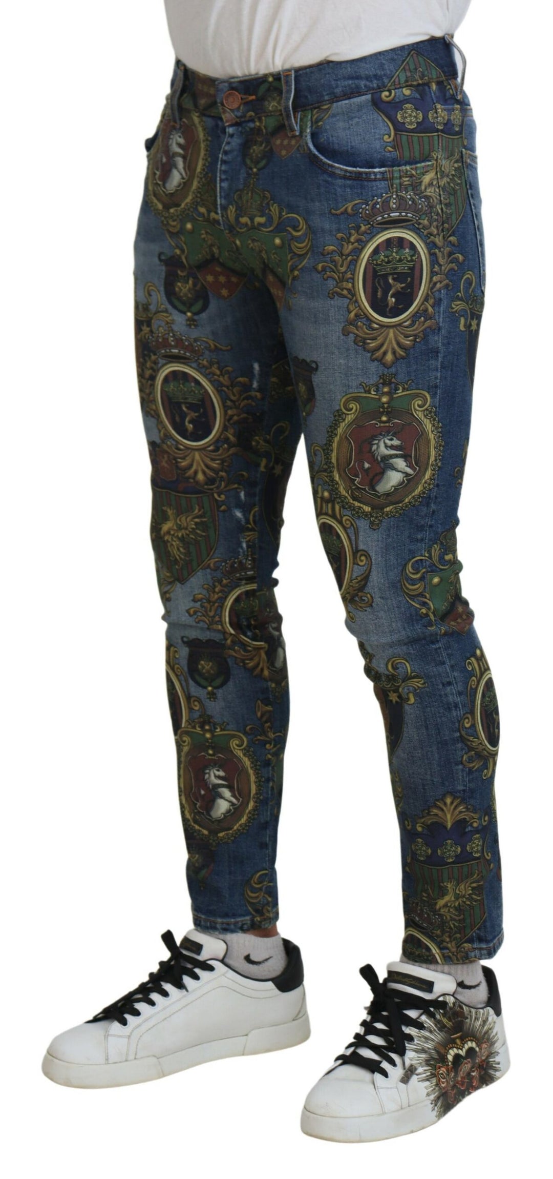 Dolce &amp; Gabbana Sample Sale Dolce &amp; Gabbana Blue Medal Print Slim Fit Cotton Jeans - | Designer outlet