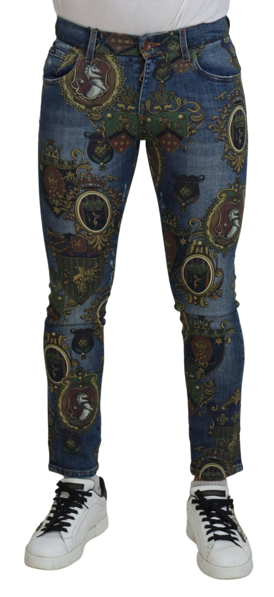 Dolce &amp; Gabbana Sample Sale Dolce &amp; Gabbana Blue Medal Print Slim Fit Cotton Jeans - | Designer outlet
