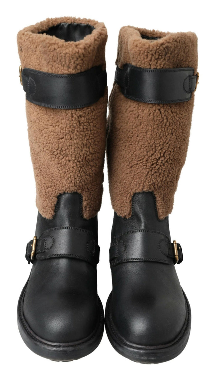 Dolce &amp; Gabbana Sample Sale Dolce &amp; Gabbana Black Leather Brown Shearling Boots - | Designer outlet