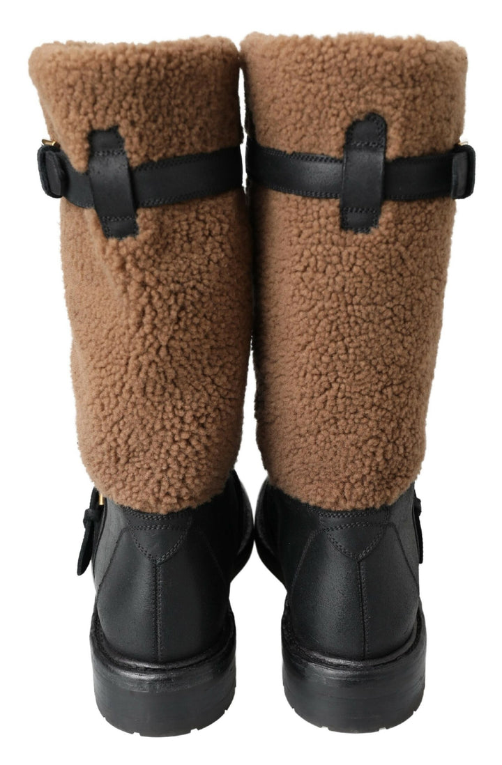 Dolce &amp; Gabbana Sample Sale Dolce &amp; Gabbana Black Leather Brown Shearling Boots - | Designer outlet