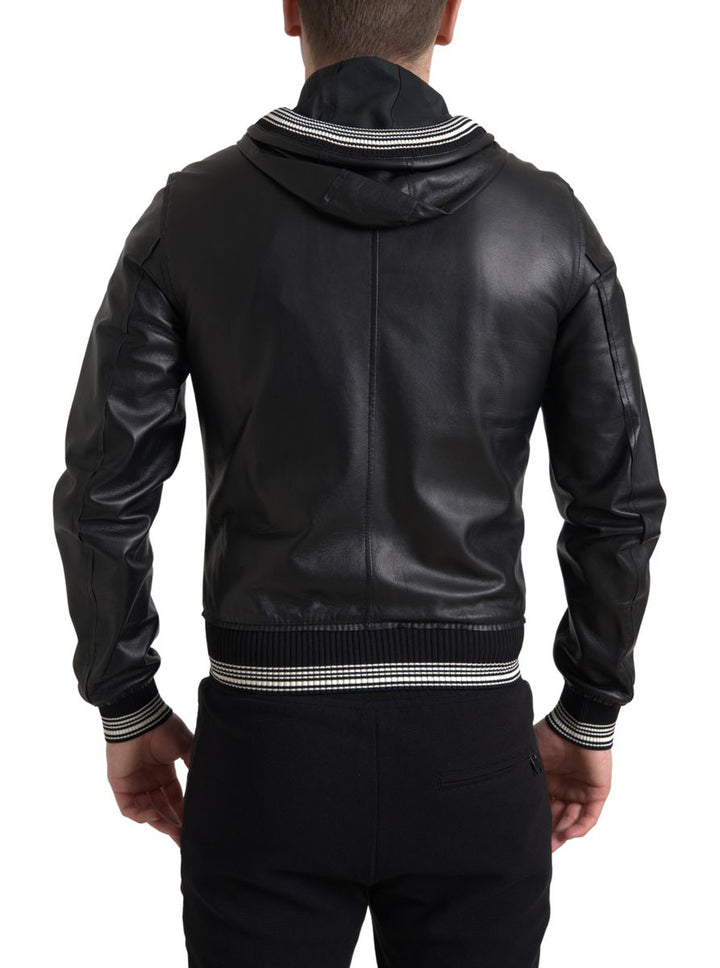 Dolce & Gabbana - Dolce & Gabbana Elegant Black Leather Bomber Jacket - JKT3680 - 46 - Ask Me Wear