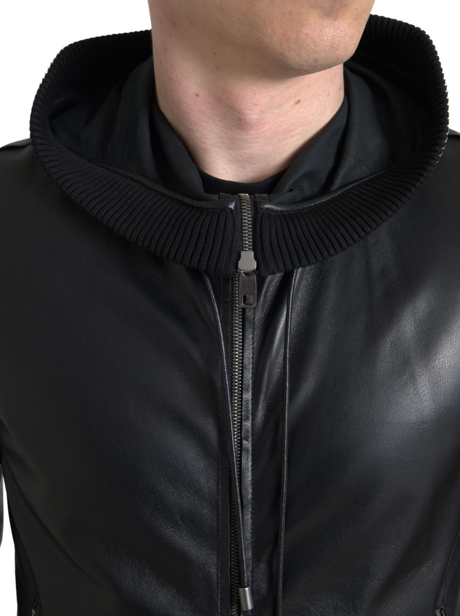 Dolce & Gabbana - Dolce & Gabbana Elegant Black Leather Bomber Jacket - JKT3680 - 46 - Ask Me Wear