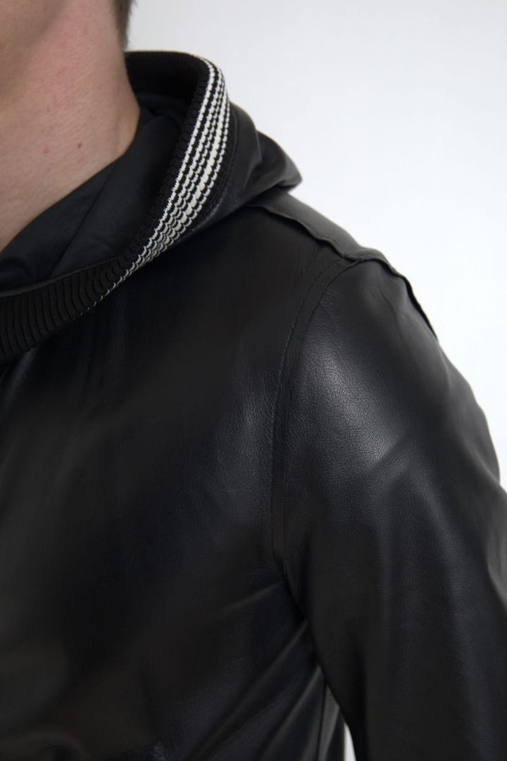 Dolce & Gabbana - Dolce & Gabbana Elegant Black Leather Bomber Jacket - JKT3680 - 46 - Ask Me Wear