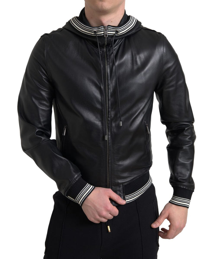 Dolce & Gabbana - Dolce & Gabbana Elegant Black Leather Bomber Jacket - JKT3680 - 46 - Ask Me Wear