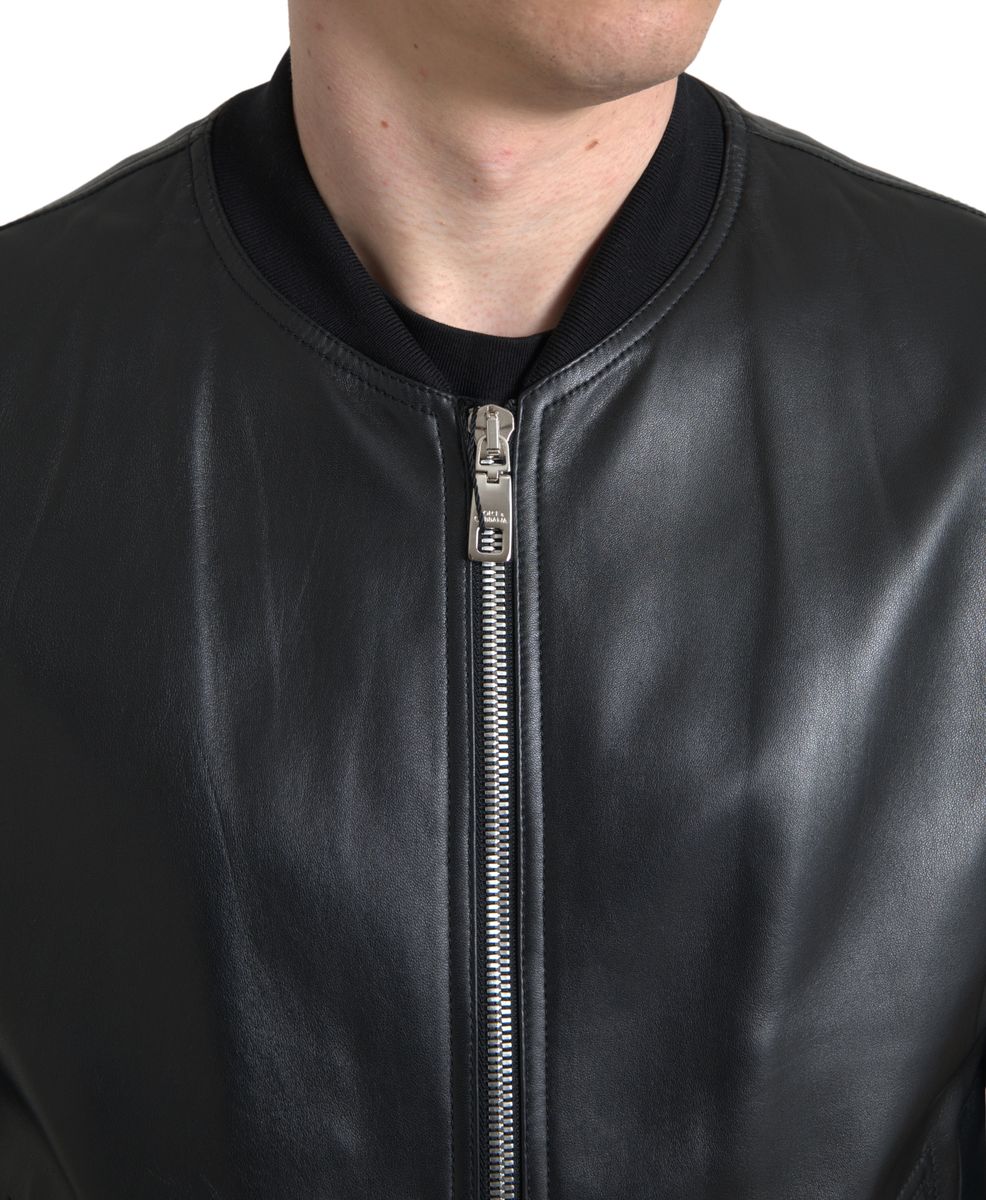 Dolce & Gabbana - Dolce & Gabbana Elegant Black Leather Bomber Jacket - JKT3710 - 54 - Ask Me Wear