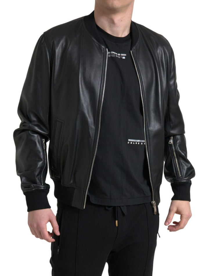 Dolce & Gabbana - Dolce & Gabbana Elegant Black Leather Bomber Jacket - JKT3710 - 54 - Ask Me Wear