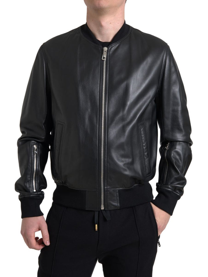 Dolce & Gabbana - Dolce & Gabbana Elegant Black Leather Bomber Jacket - JKT3710 - 54 - Ask Me Wear