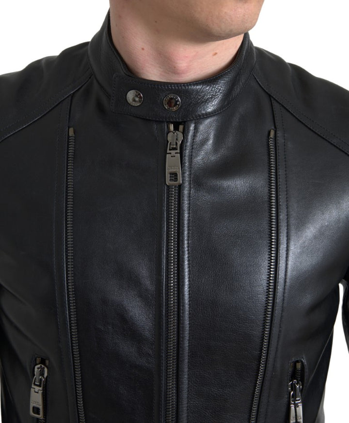 Dolce & Gabbana - Dolce & Gabbana Sleek Black Leather Biker Jacket - JKT3653 - 48 - Ask Me Wear