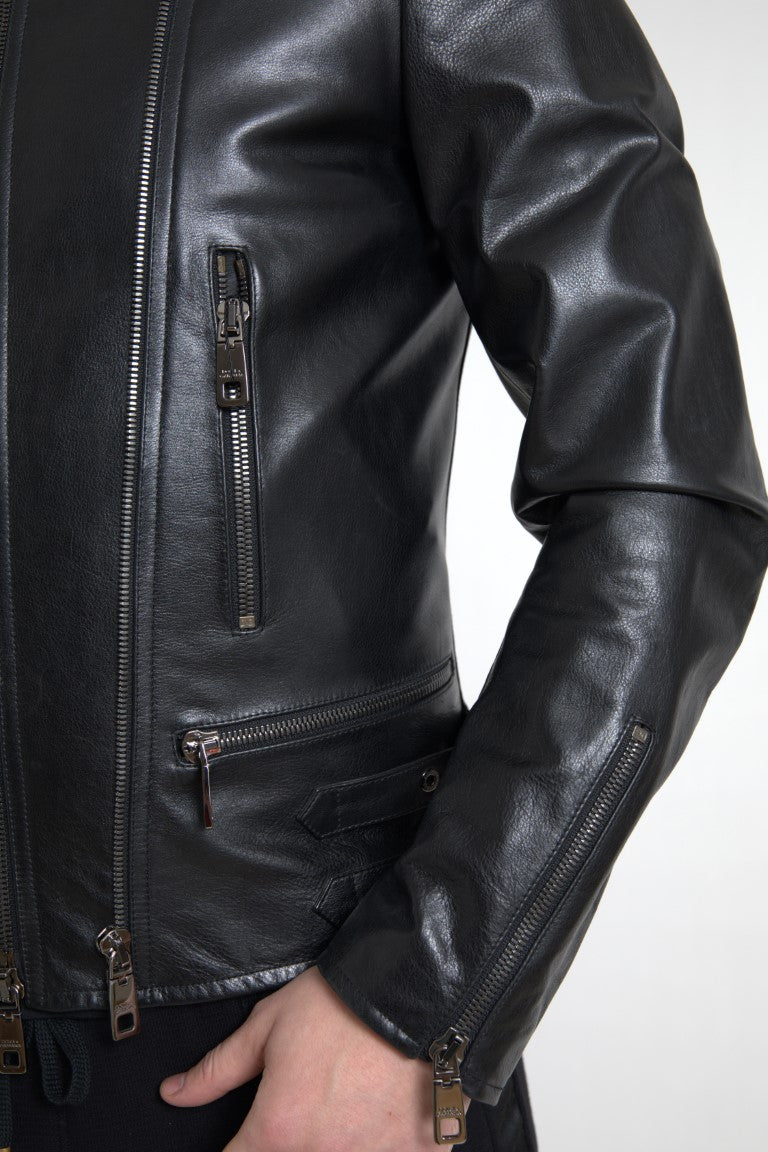 Dolce & Gabbana - Dolce & Gabbana Sleek Black Leather Biker Jacket - JKT3653 - 48 - Ask Me Wear