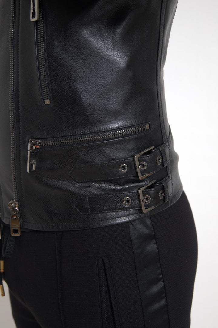 Dolce & Gabbana - Dolce & Gabbana Sleek Black Leather Biker Jacket - JKT3653 - 48 - Ask Me Wear