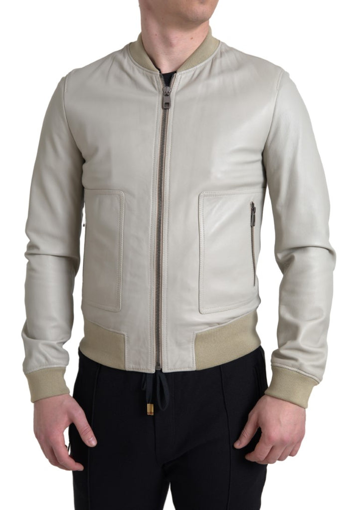 Dolce & Gabbana - Dolce & Gabbana Cream Leather Bomber Jacket - JKT3657 - 48 - Ask Me Wear