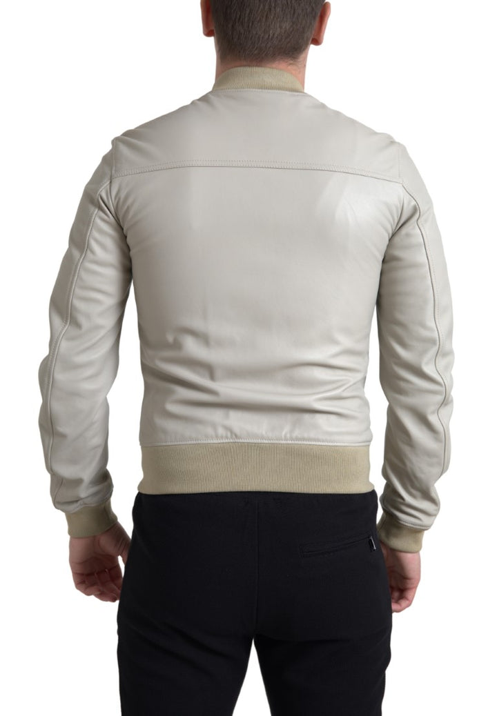 Dolce & Gabbana - Dolce & Gabbana Cream Leather Bomber Jacket - JKT3657 - 48 - Ask Me Wear