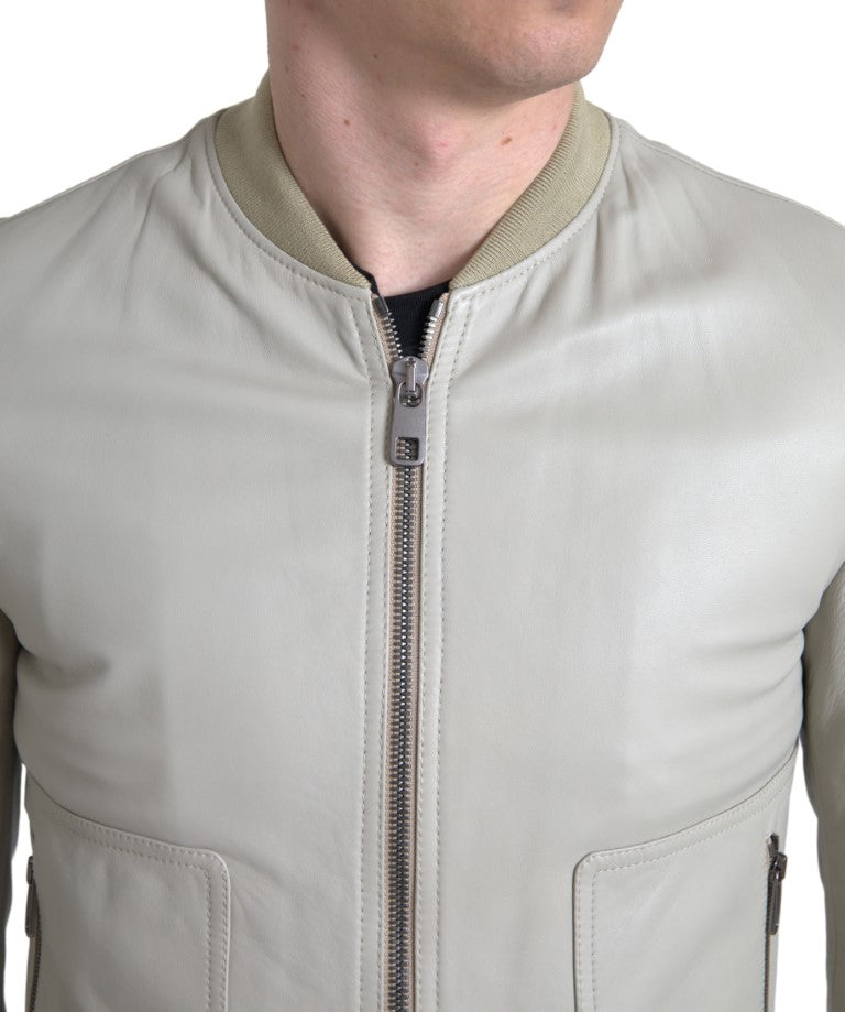 Dolce & Gabbana - Dolce & Gabbana Cream Leather Bomber Jacket - JKT3657 - 48 - Ask Me Wear