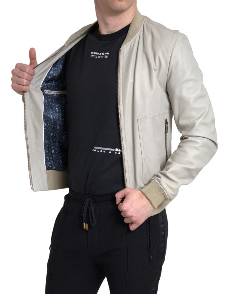 Dolce & Gabbana - Dolce & Gabbana Cream Leather Bomber Jacket - JKT3657 - 48 - Ask Me Wear