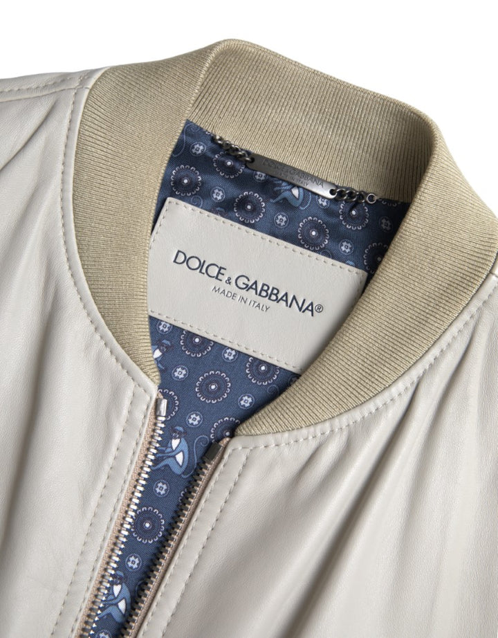 Dolce & Gabbana - Dolce & Gabbana Cream Leather Bomber Jacket - JKT3657 - 48 - Ask Me Wear